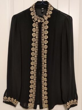 L'AGENCE Black Silk Blouse with Gold Embroidered Trim